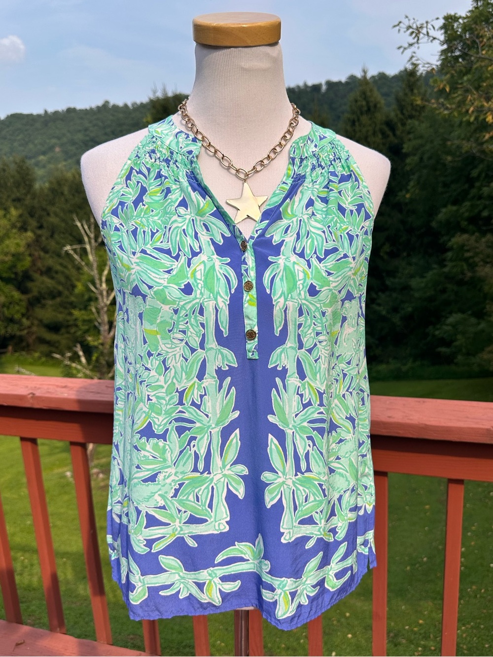 Lilly Pulitzer Bailey Silk Tank Top Koala Of The Wild Print Blue and Green